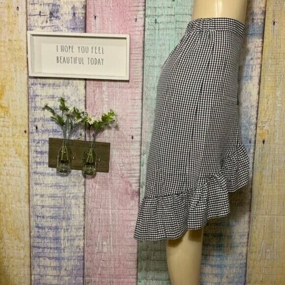 Ruffle Wrap Midi in Black White Gingham Plaid High Low Mid Rise Modest Skirt - Picture 3 of 5